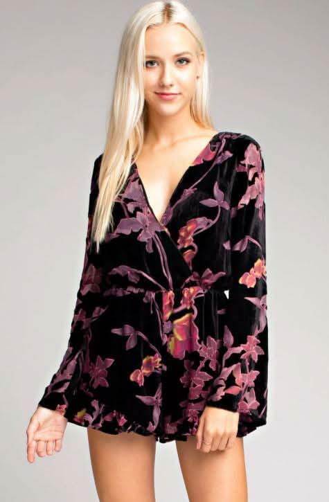 Oh My Black Floral Velvet Bell Sleeve Romper