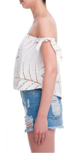 Palm Meadow White Off-Shoulder Tie Sleeve Top