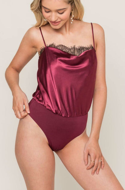 Do Better Wine Lace Satin Sleeveless Bodysuit