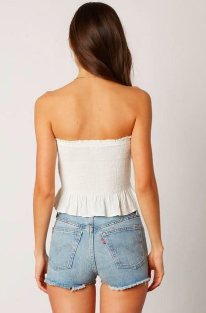 Jenna White Button-Down Strapless Smocked Top