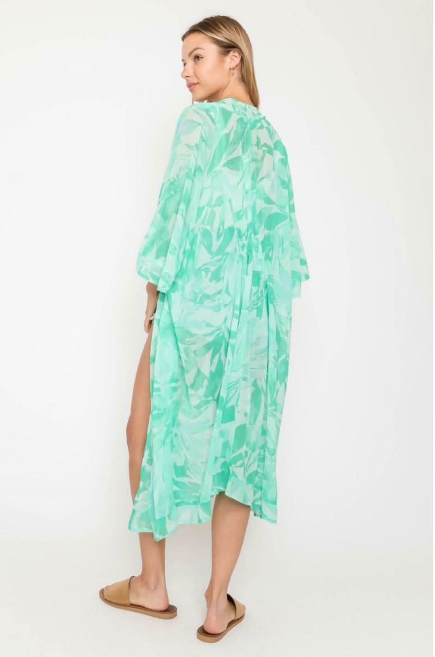Daydream Mint and Aqua Leaf Print Kimono