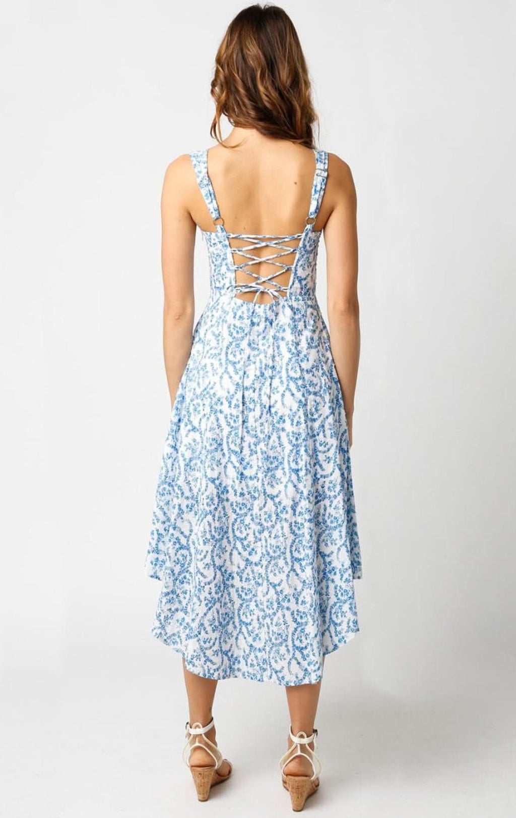 Ios White and Blue Floral Corset Midi Dress