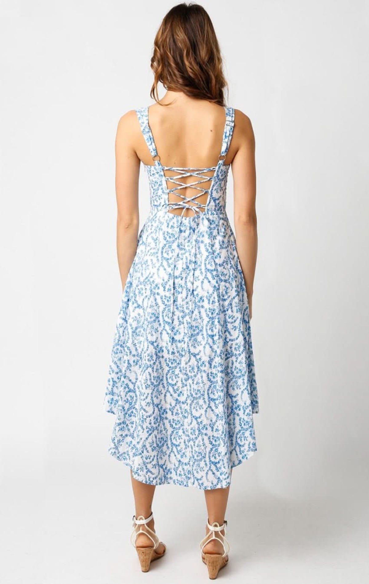 Ios White and Blue Floral Corset Midi Dress