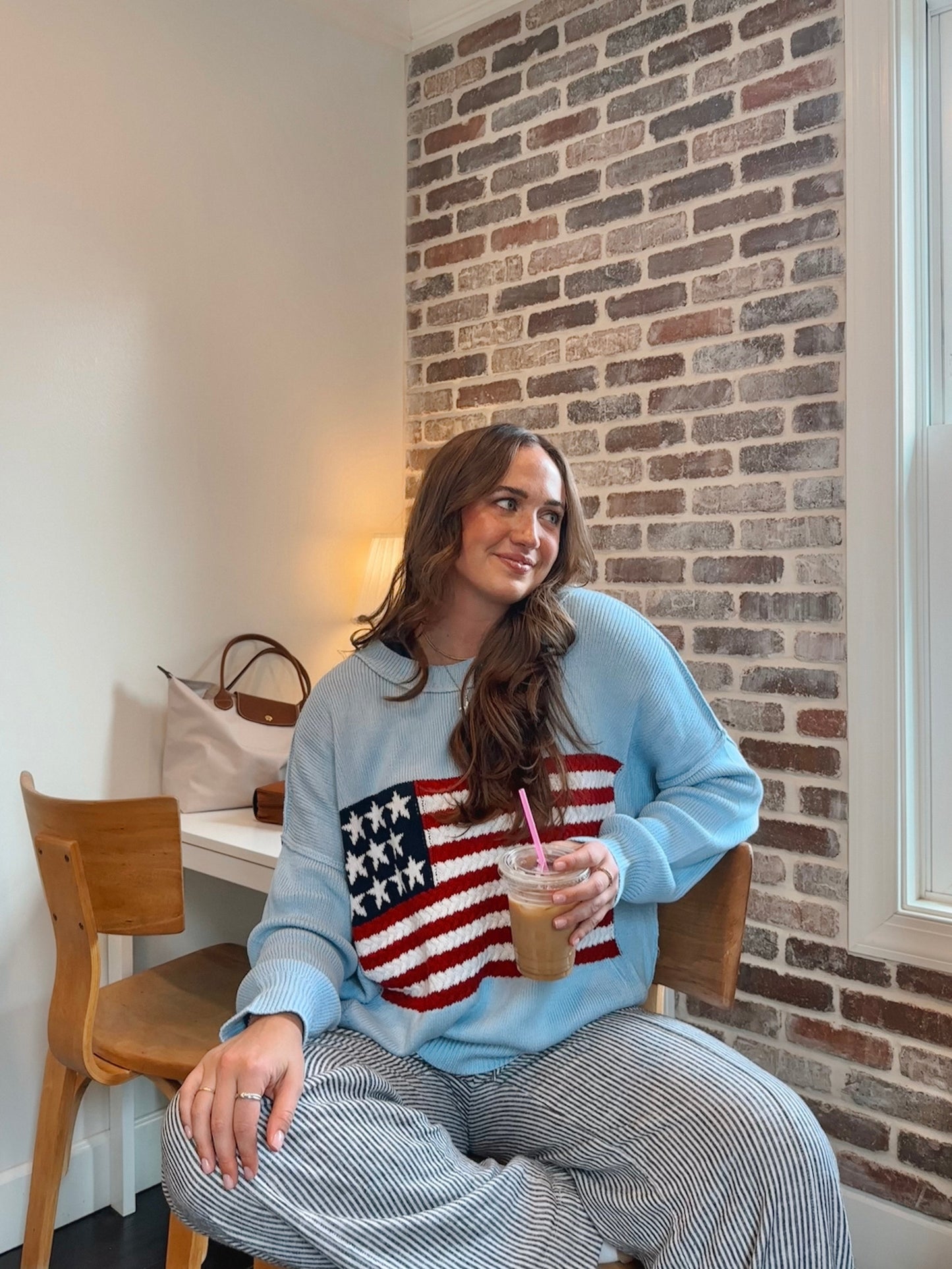 Land of Free Light Blue Oversized American Flag Sweater