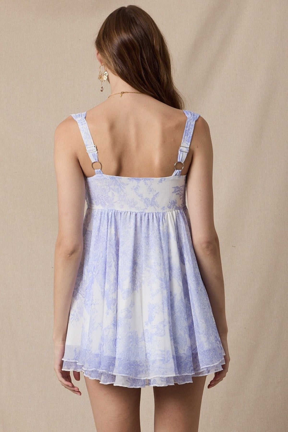 Layla White & Blue Floral Toile Babydoll Mini Dress