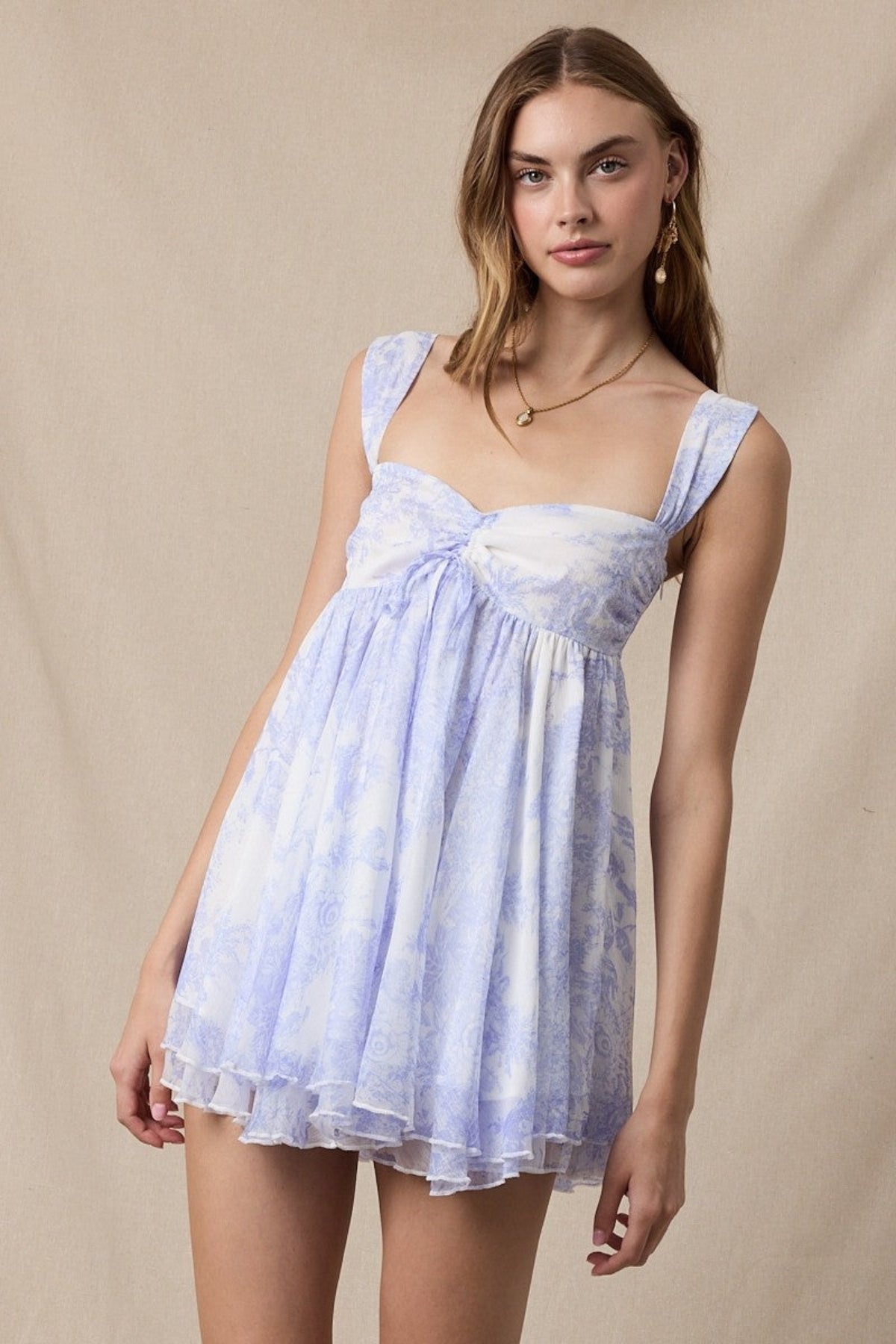 Layla White & Blue Floral Toile Babydoll Mini Dress