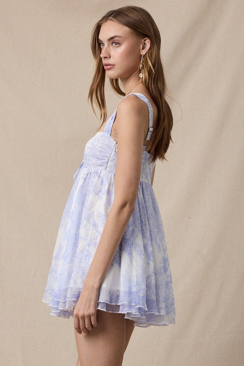 Layla White & Blue Floral Toile Babydoll Mini Dress