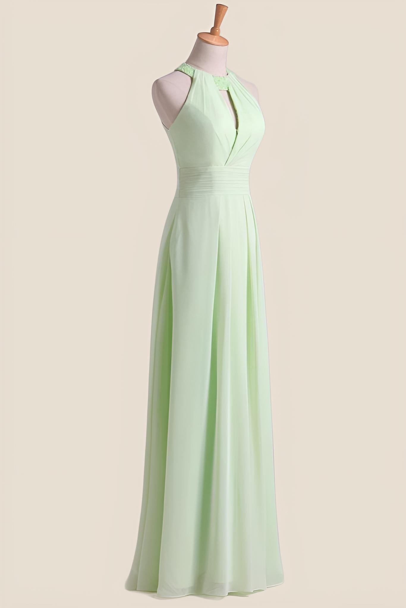 Halter Lemon Green Chiffon Long Bridesmaid Dress