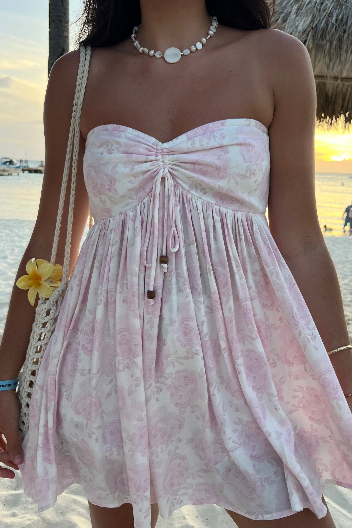 Lena Light Pink Floral Print Strapless Mini Dress