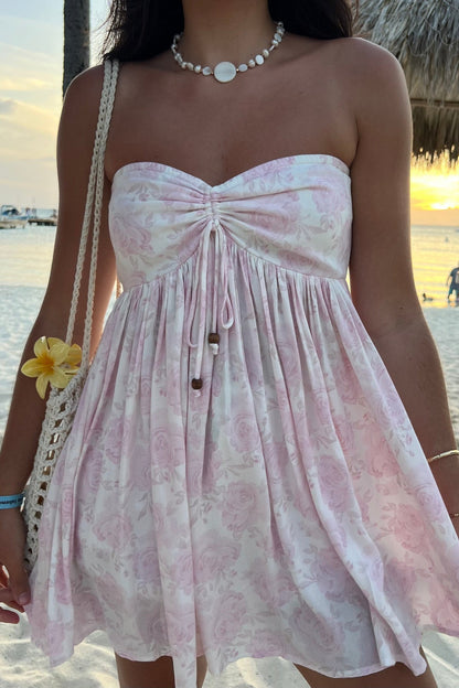 Lena Light Pink Floral Print Strapless Mini Dress