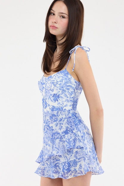 Liana Blue Floral Ruffle Romper Dress