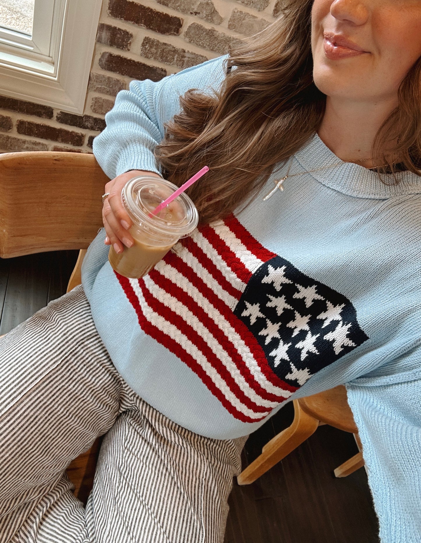 Land of Free Light Blue Oversized American Flag Sweater
