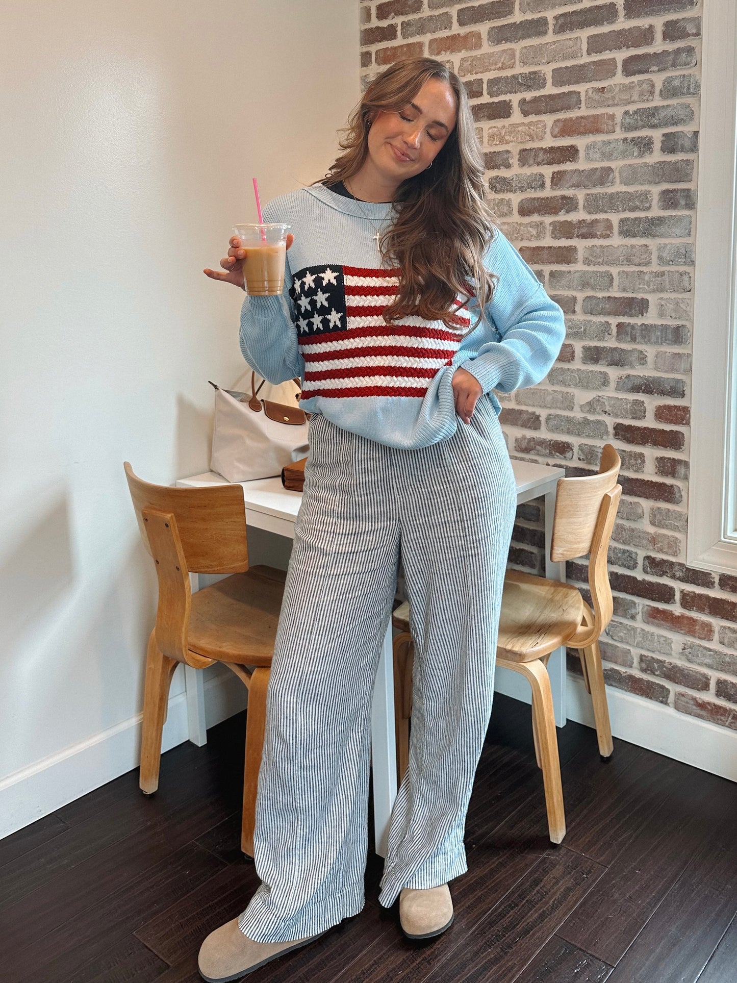 Land of Free Light Blue Oversized American Flag Sweater