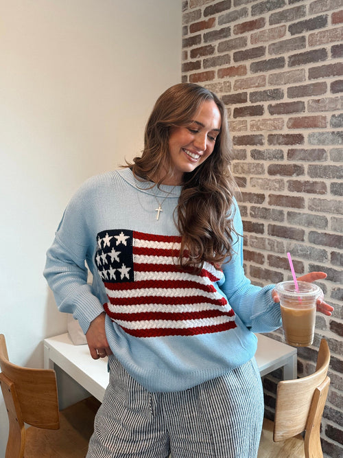 Land of Free Light Blue Oversized American Flag Sweater