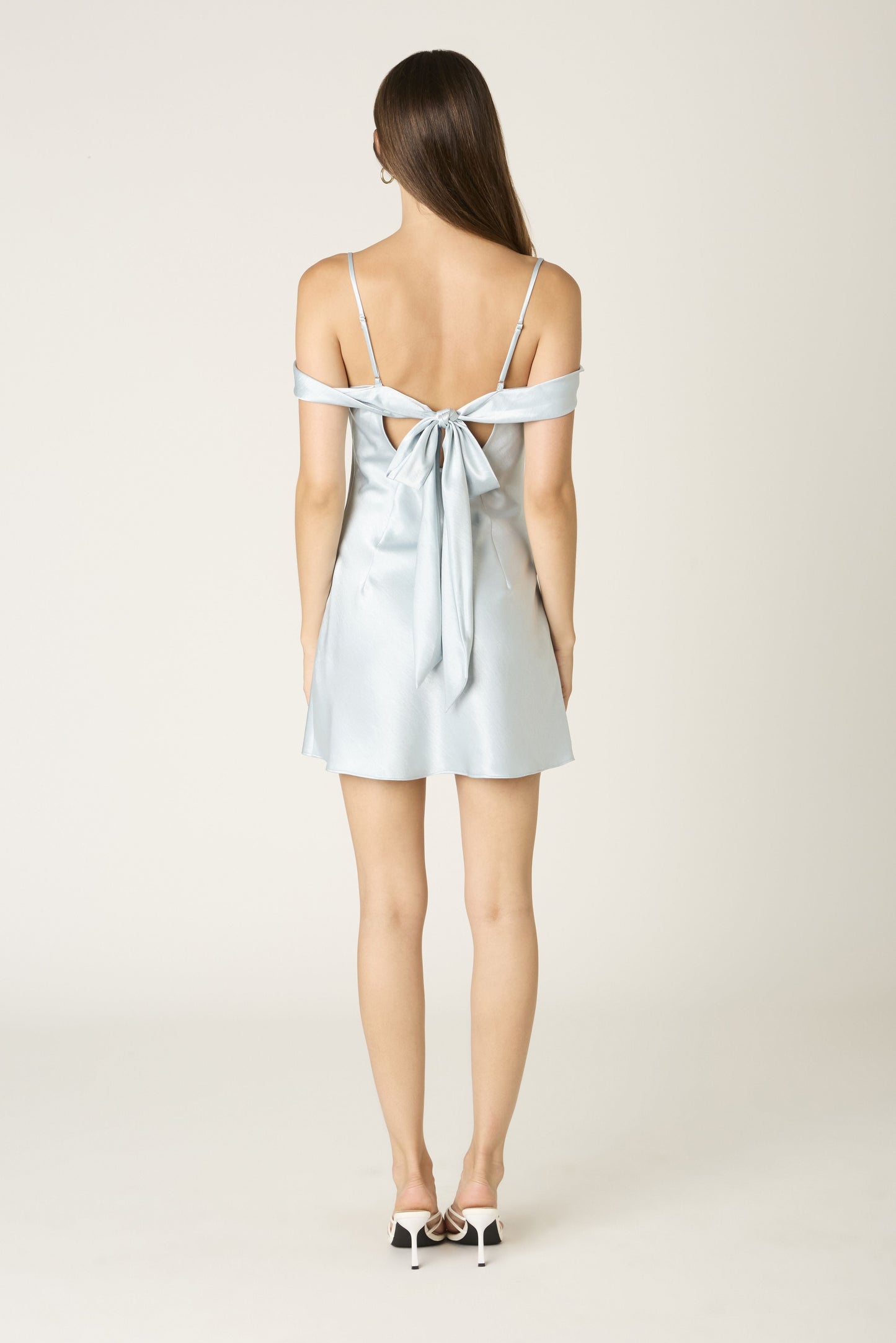 Cyndi Light Blue Satin Off-The-Shoulder Mini Dress