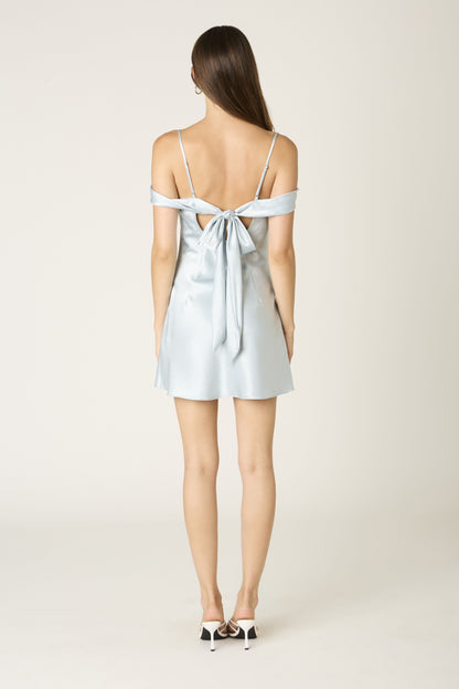 Cyndi Light Blue Satin Off-The-Shoulder Mini Dress
