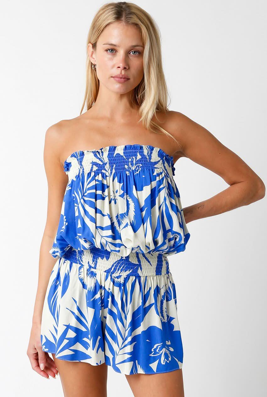 Myla Blue and Cream Floral Strapless Romper