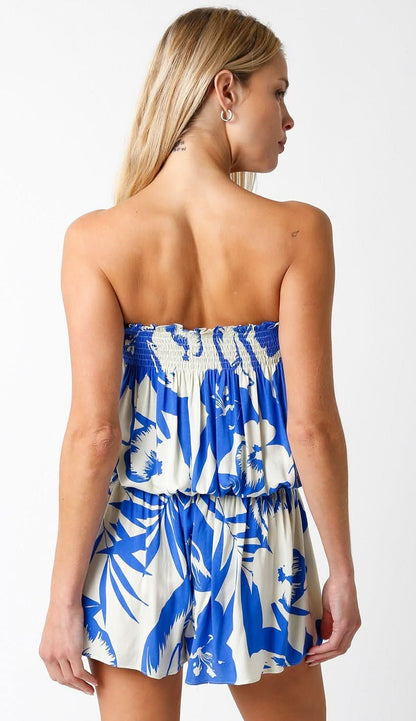 Myla Blue and Cream Floral Strapless Romper
