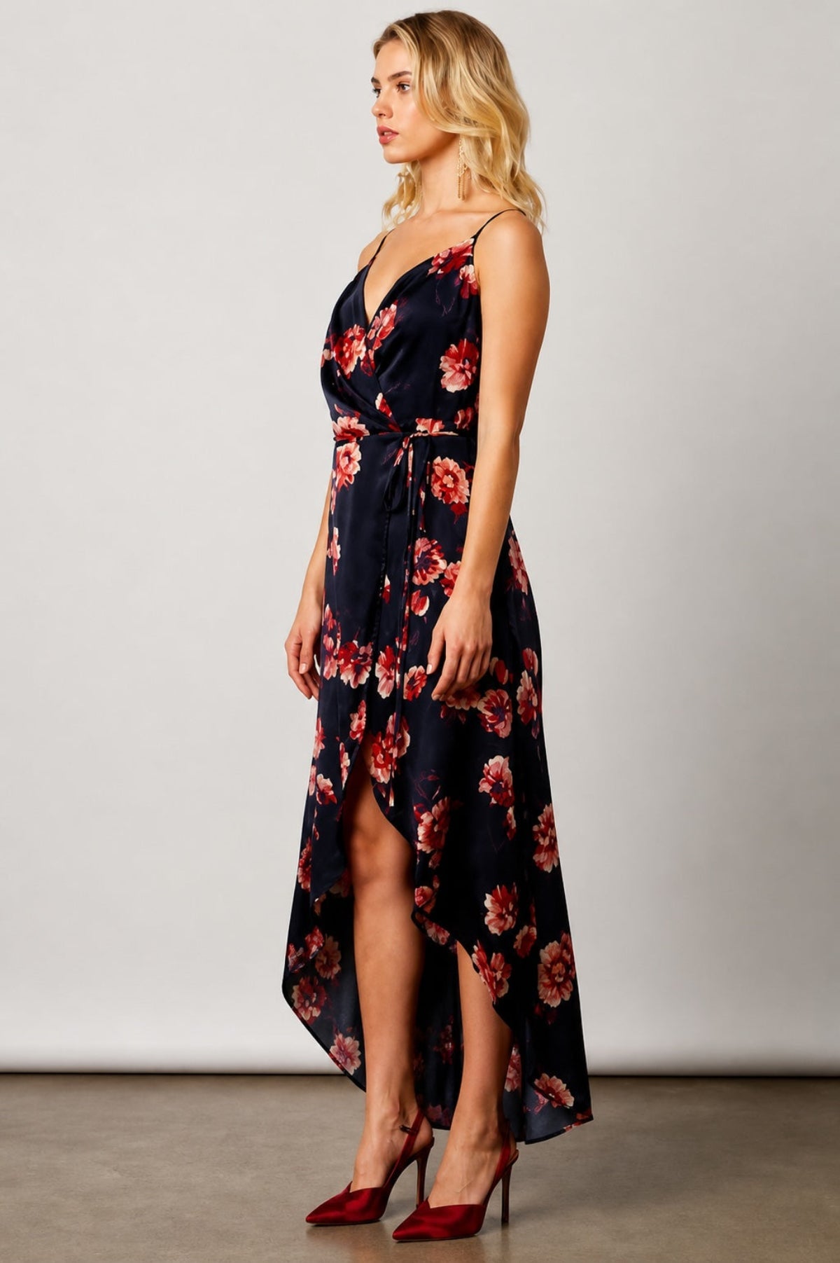Heidi Navy Satin Floral Wrap Dress