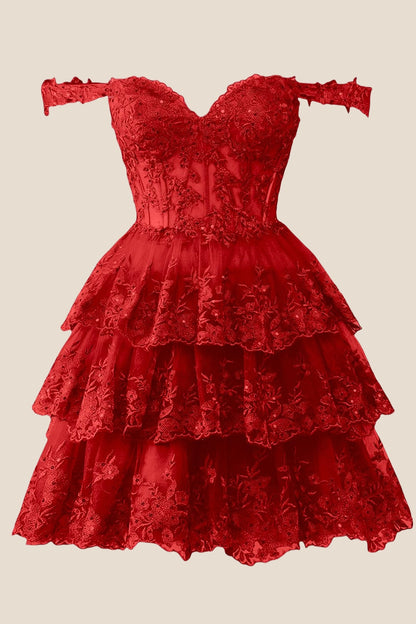 Green Lace Appliques Ruffle A-line Dress