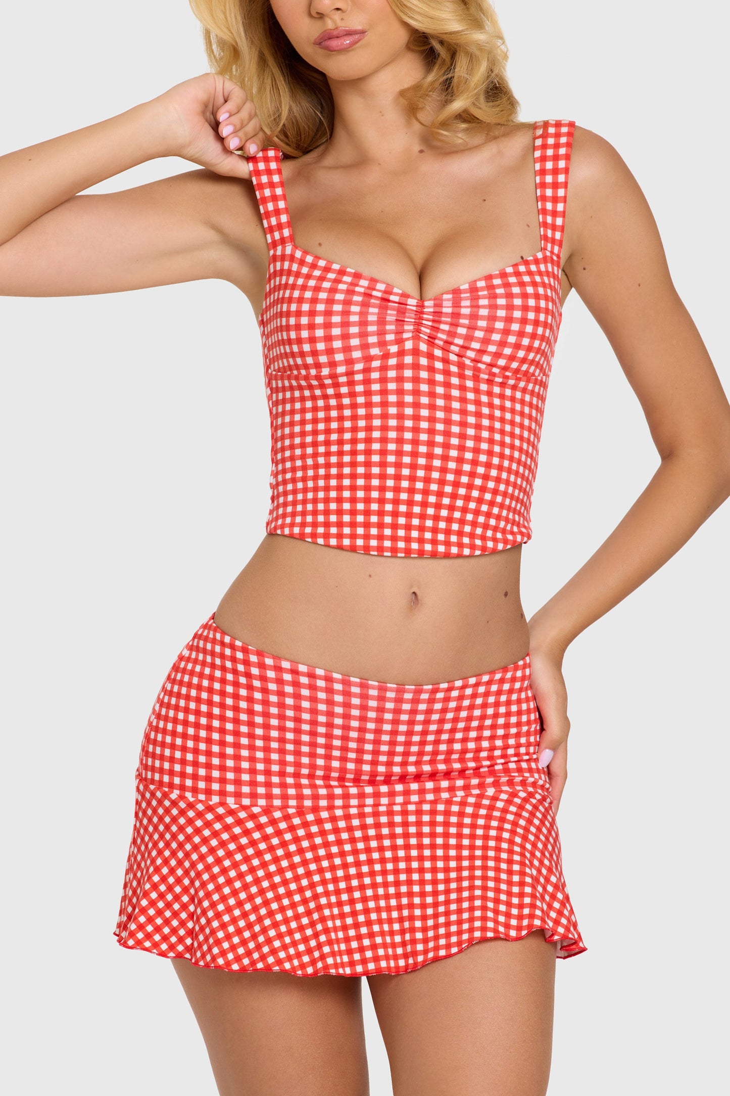 Modal Ruched Bust Top in Red Gingham