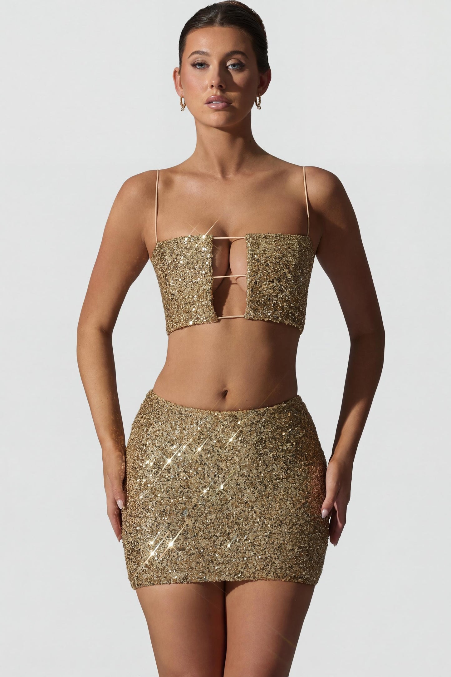 Embellished Mid-Rise Mini Skirt in Gold