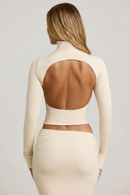 Modal Ruched Backless Turtleneck Top in Ivory