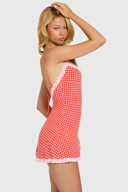 Modal Lace-Trim Mini Dress in Red Gingham