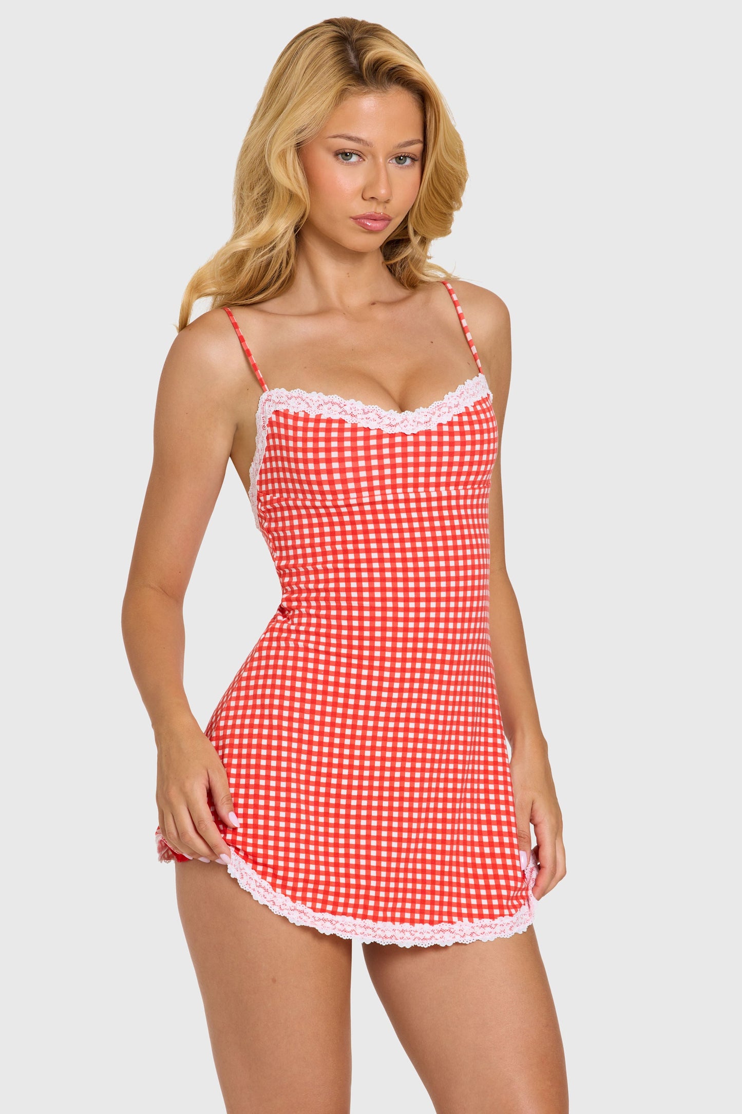 Modal Lace-Trim Mini Dress in Red Gingham