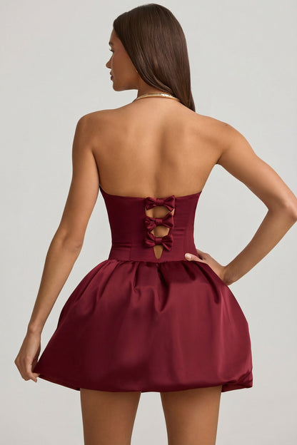 Convertible Bow-Detail Bubble Hem Midaxi Dress in Wine Red