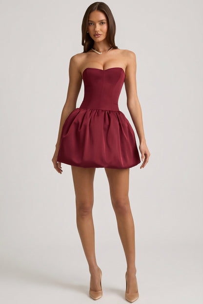 Convertible Bow-Detail Bubble Hem Midaxi Dress in Wine Red