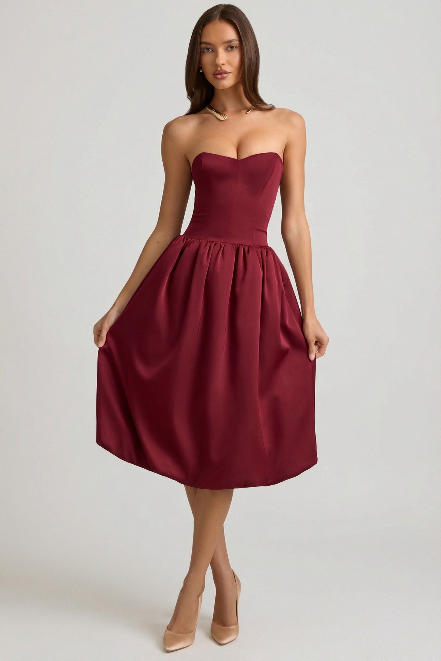 Convertible Bow-Detail Bubble Hem Midaxi Dress in Wine Red