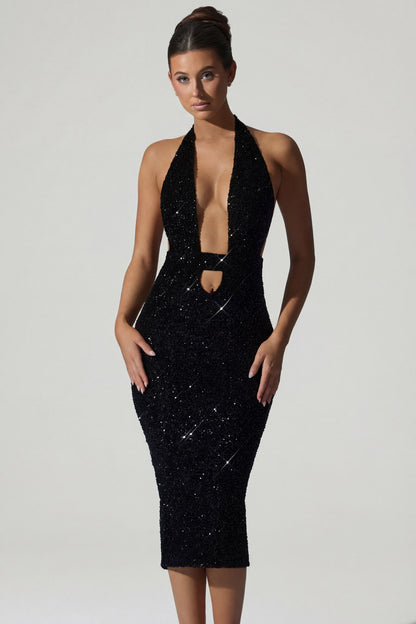 Embellished Cut-Out Open-Back Midaxi Dress in Black