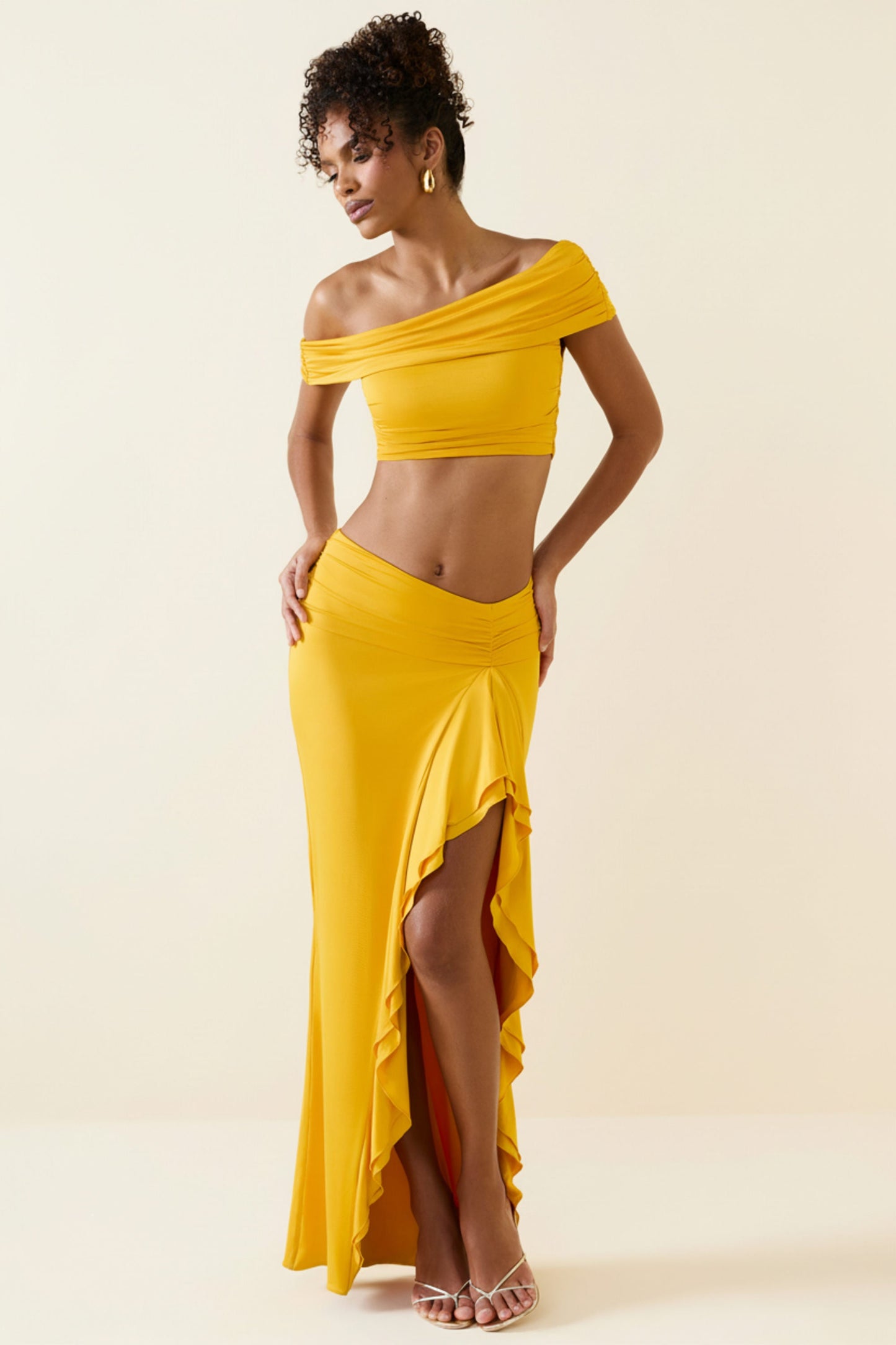 Asymmetric Ruffled Low-Rise Maxi Skirt in Golden Yellow