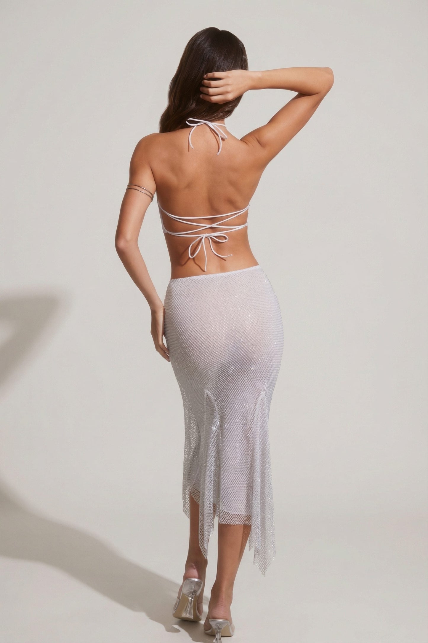 Embellished Open Back Crop Top in Silver