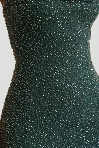 Embellished Strapless Cowl-Neck Maxi Dress in Emerald Green