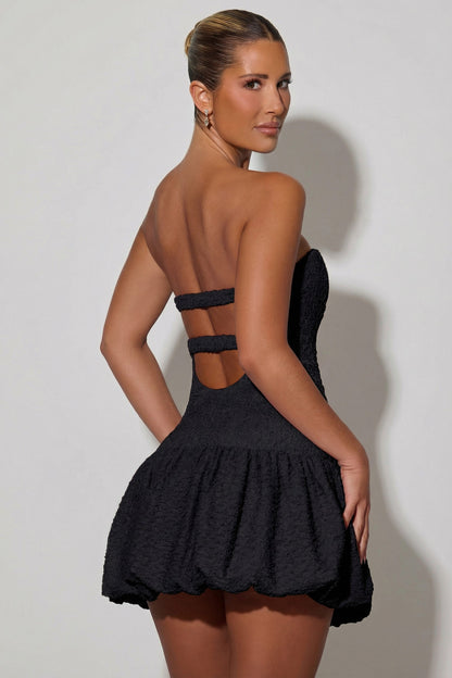 Cut-Out Bubble Hem Corset Mini Dress in Black