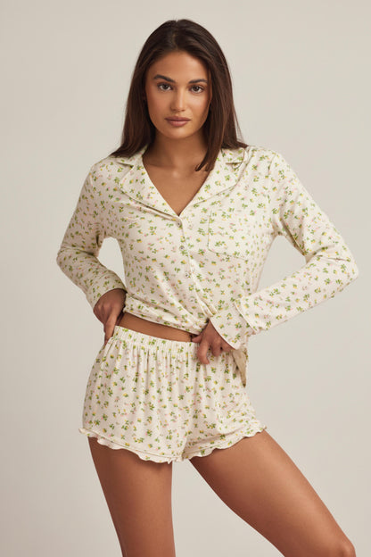 Modal Ruffle-Trim Pyjama Shorts in Lemon Print