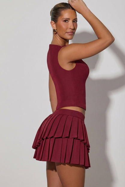 Layered Pleated Low-Rise Mini Skirt in Wine Red