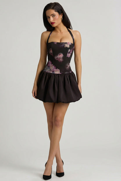 Halterneck Lace-Up Bubble Hem Mini Dress in Black Floral Print