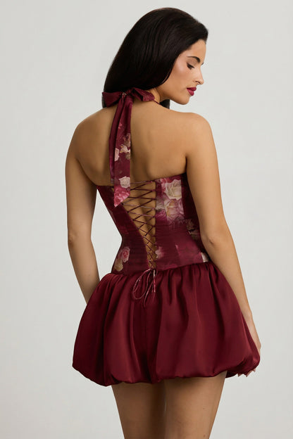 Halterneck Lace-Up Bubble Hem Mini Dress in Maroon Floral Print