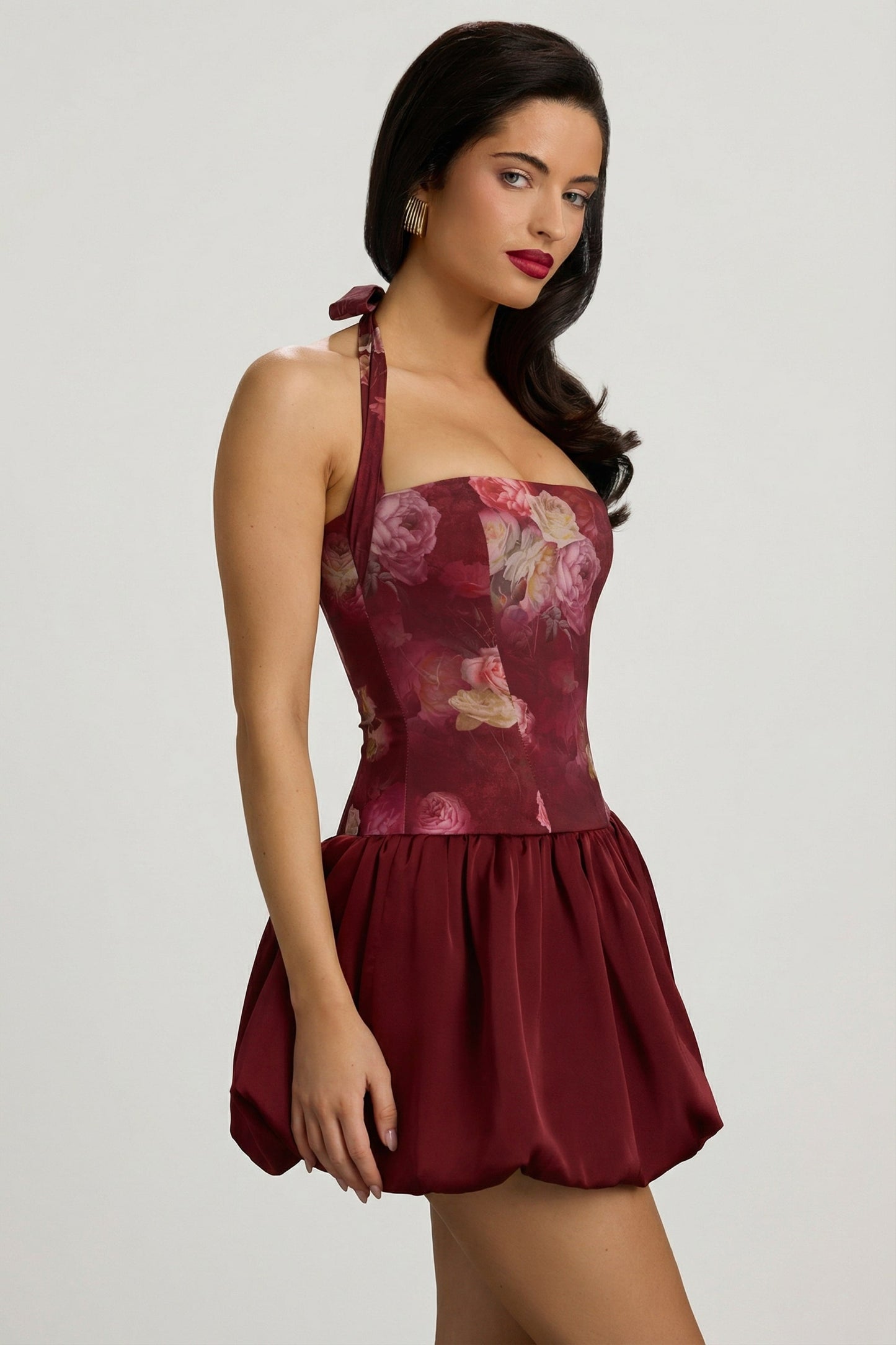 Halterneck Lace-Up Bubble Hem Mini Dress in Maroon Floral Print