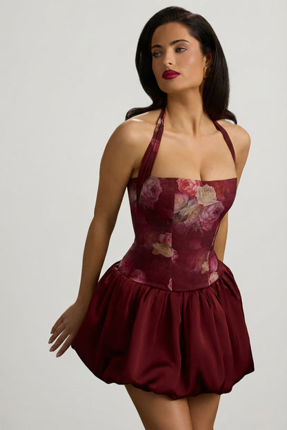 Halterneck Lace-Up Bubble Hem Mini Dress in Maroon Floral Print