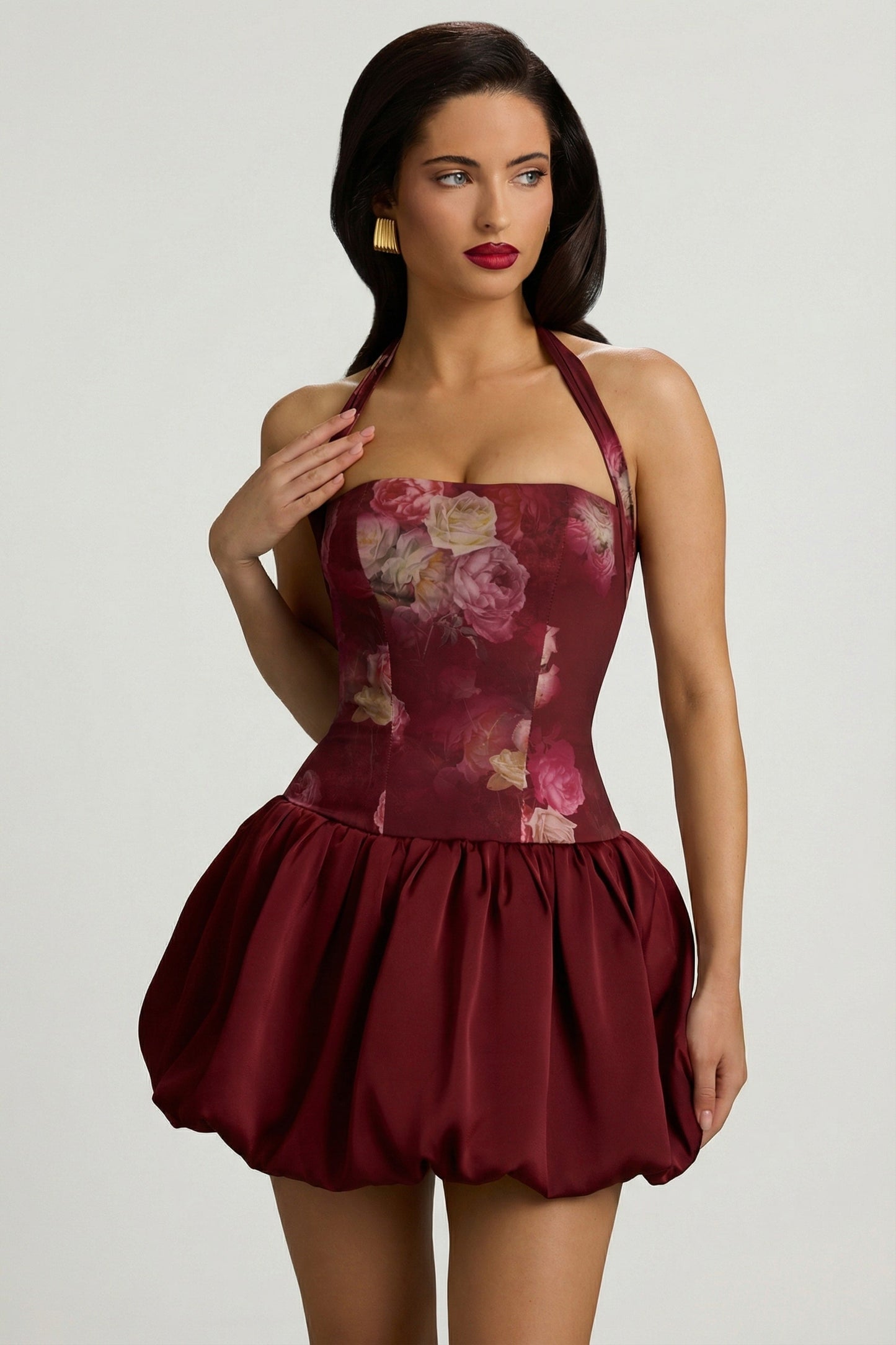 Halterneck Lace-Up Bubble Hem Mini Dress in Maroon Floral Print