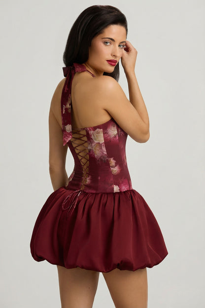 Halterneck Lace-Up Bubble Hem Mini Dress in Maroon Floral Print