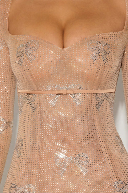 Embellished Sweetheart A-Line Mini Dress in Almond