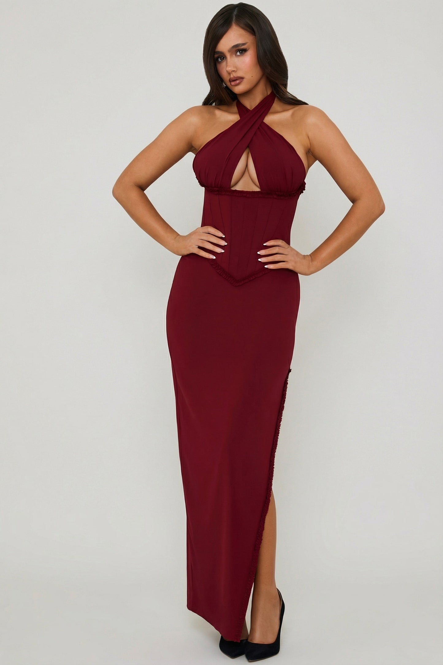 Halterneck Lace-Up Corset Maxi Dress in Berry Red