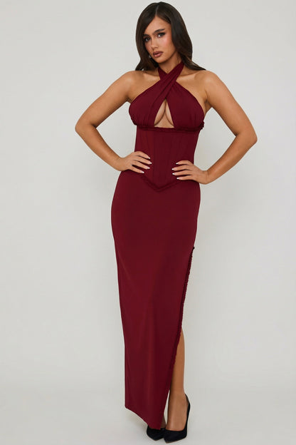 Halterneck Lace-Up Corset Maxi Dress in Berry Red