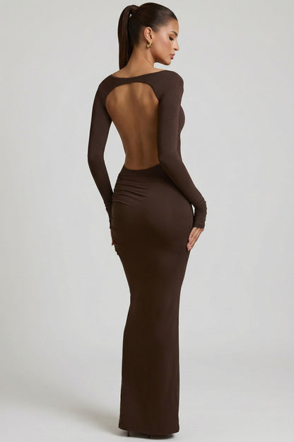 Modal Ruched Backless Maxi Dress in Chocolate Brown