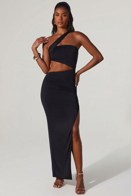 Asymmetric Neckline Ruched Cut Out Maxi Dress in Black
